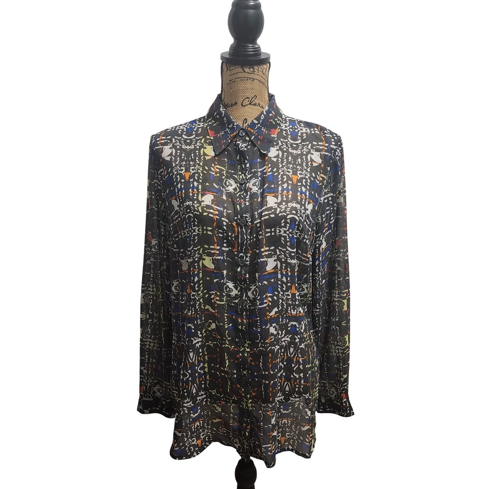 Cabi Womens L Black Sheer Long Sleeve Button Down‎ Blouse Multicolor